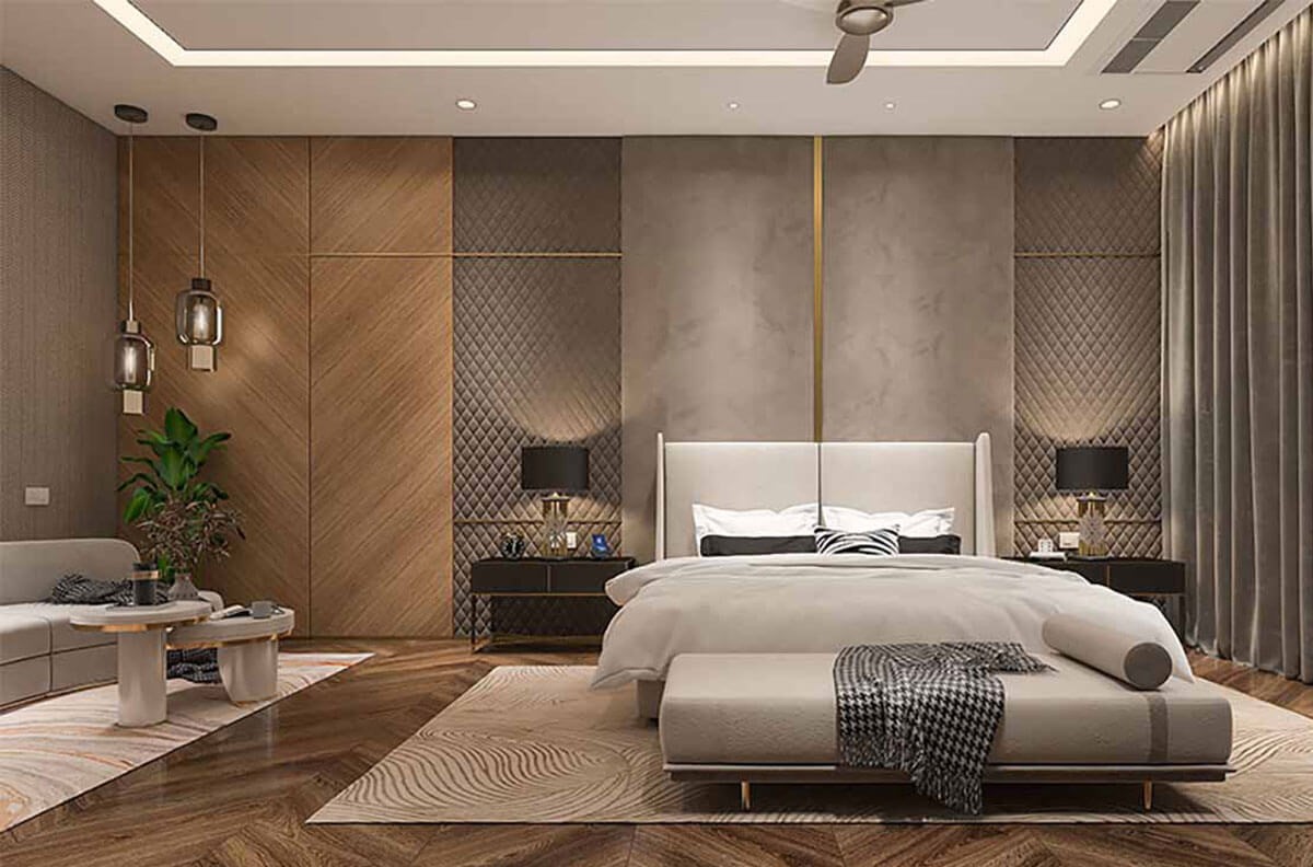 چیدمان دکوراسیون اتاق خواب مستر 12 متری | با این دکوراسیون دیگه درب سرویس بهداشتی روبرو تخت باز نمیشه